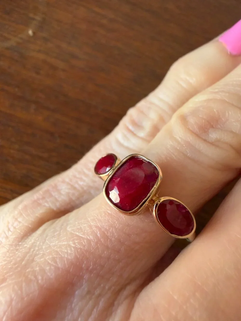 NIB 3.30 ct. Ruby Three-Stone Ring in 18kt Gold Over Sterling - 5 - 5.25